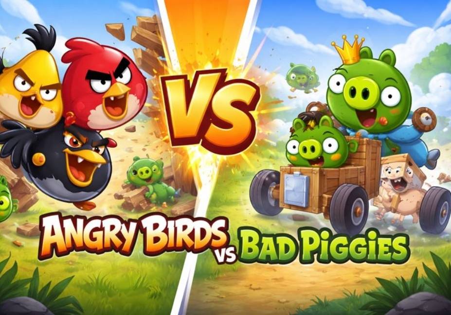 Illustration of Angry Birds vs Bad Piggies showing colorful birds using slingshots on the left and pigs building creative machines on the right, highlighting gameplay comparison and characters for mobile games.
