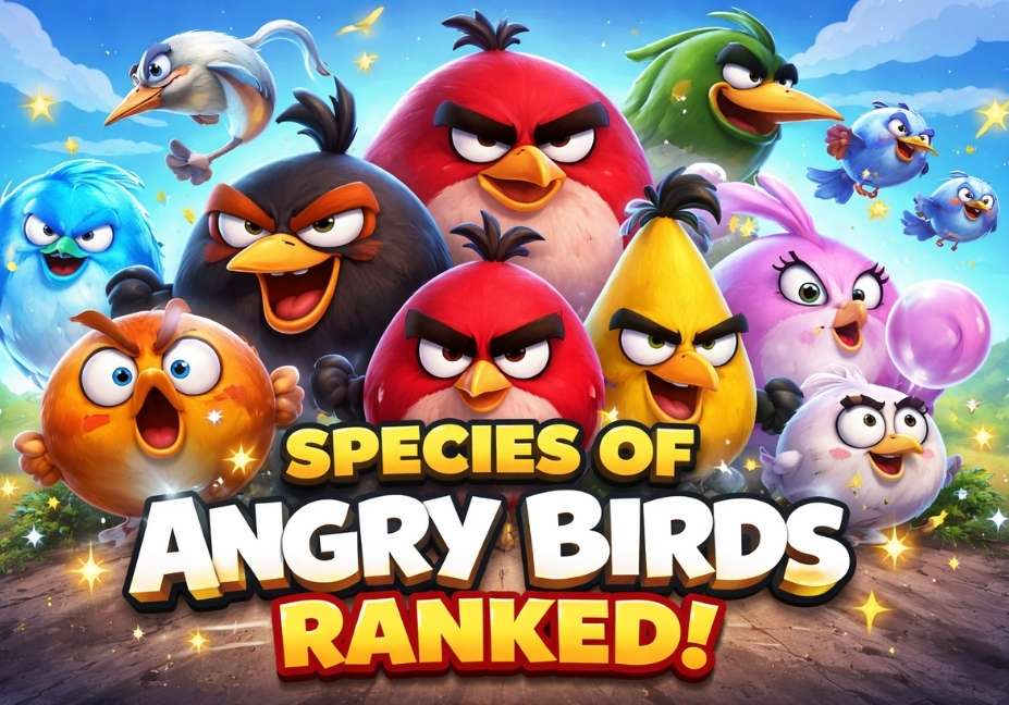 All Species of Angry Birds characters ranked together including Red, Bomb, Chuck, Blues, Terence and others in a colorful scene